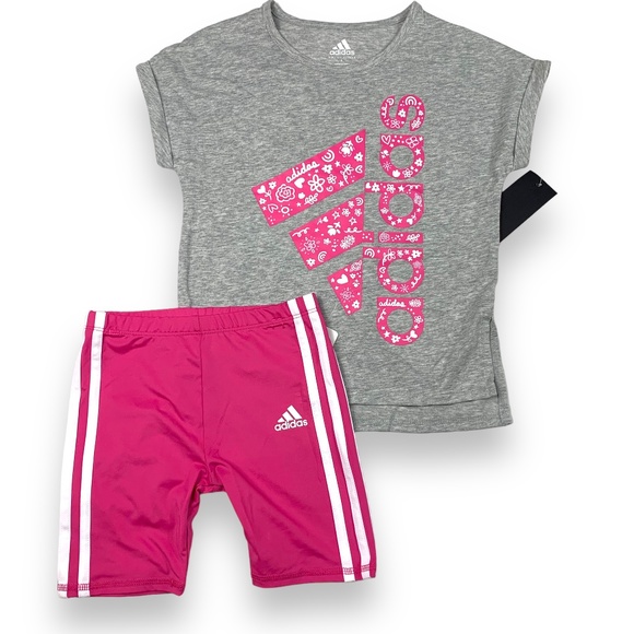 Girls Adidas Doodle Logo Graphic T-shirt And Pink Short Set Sz 5 - Picture 1 of 4